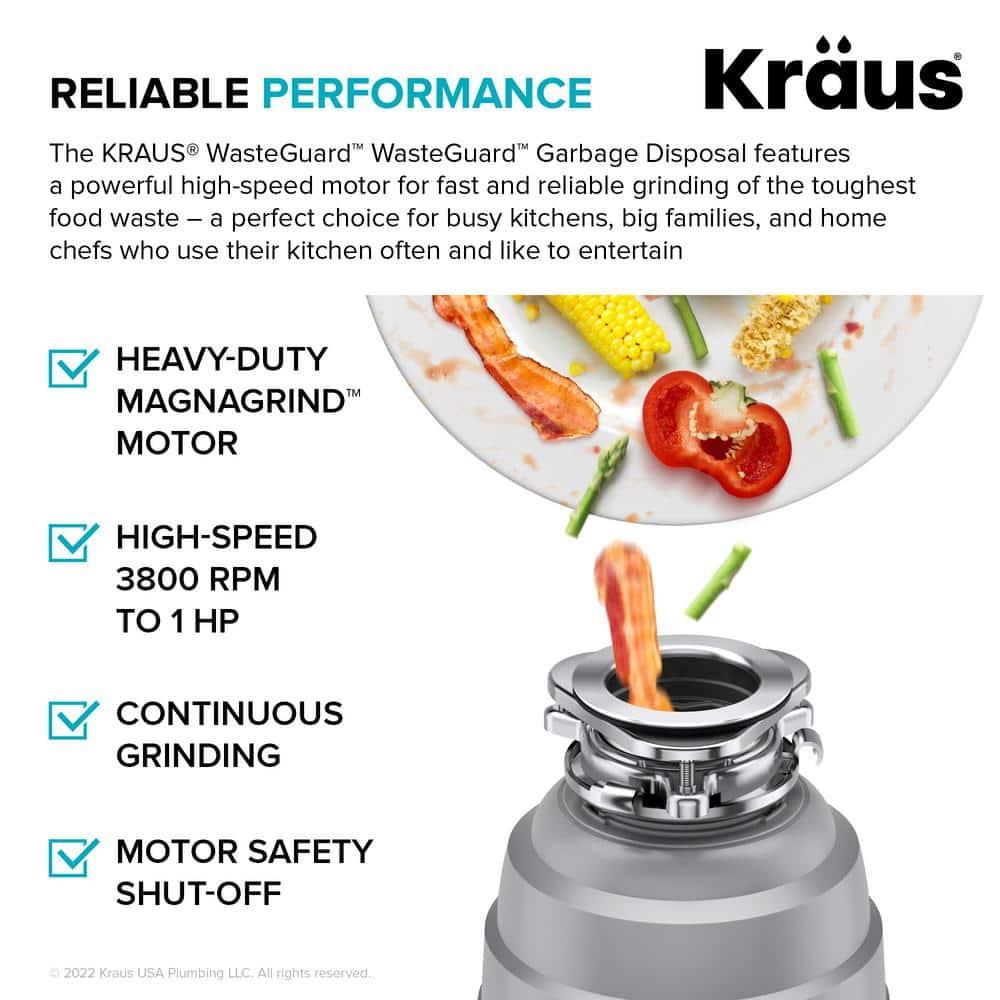 Kraus KRAUS Wasteguard High-Speed 1 HP Continuous Feed Ultra-Quiet Motor Garbage Disposal With Power Cord And Flange Included And Universal Mount, KWD200-100MGR