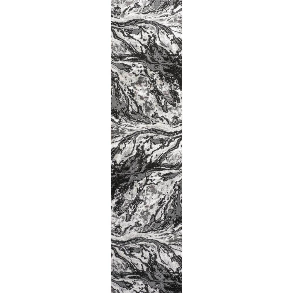2'x10' Swirl Marbled Abstract, Black/Ivory - JONATHAN Y
