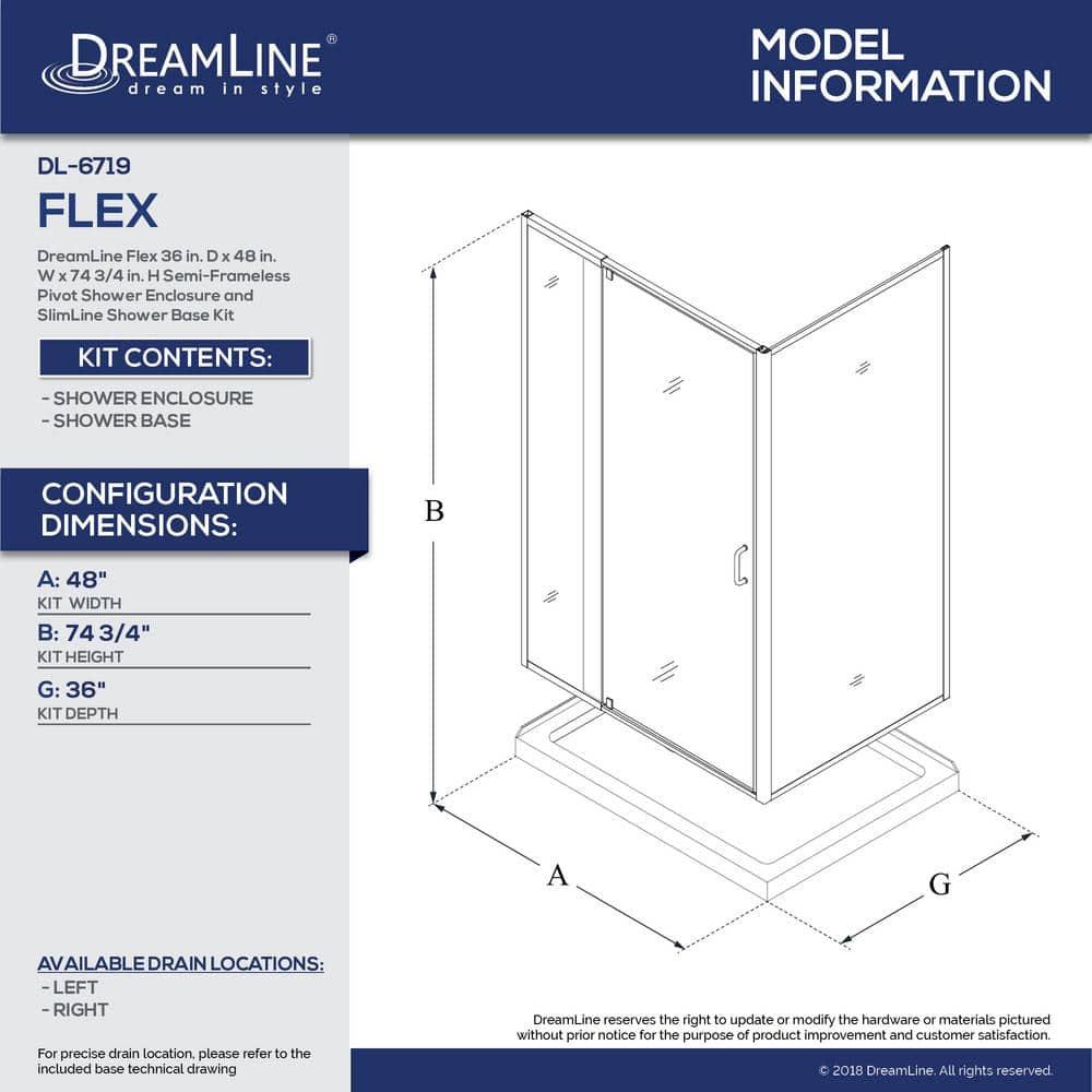 DreamLine Flex 36 in. D x 48 in. W x 74 3/4 in. H Semi-Frameless Shower Enclosure