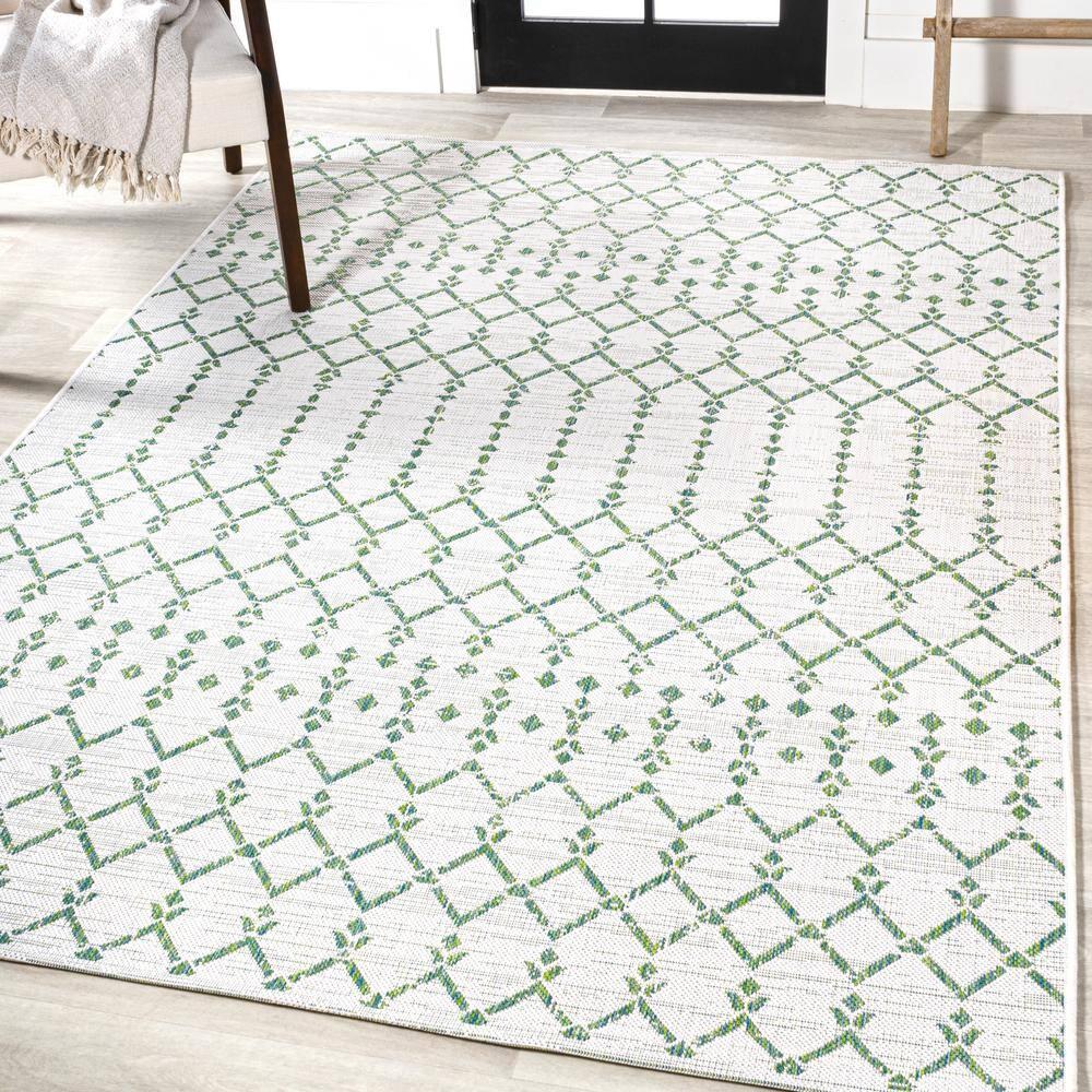 3' x 5' Ourika Moroccan Geometric Textured Weave Indoor/Outdoor Area Rug, Green/Ivory - JONATHAN Y