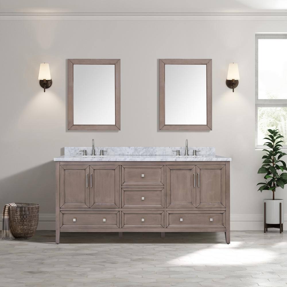 Gray Oak Double Vanity with Carrara White Marble Top