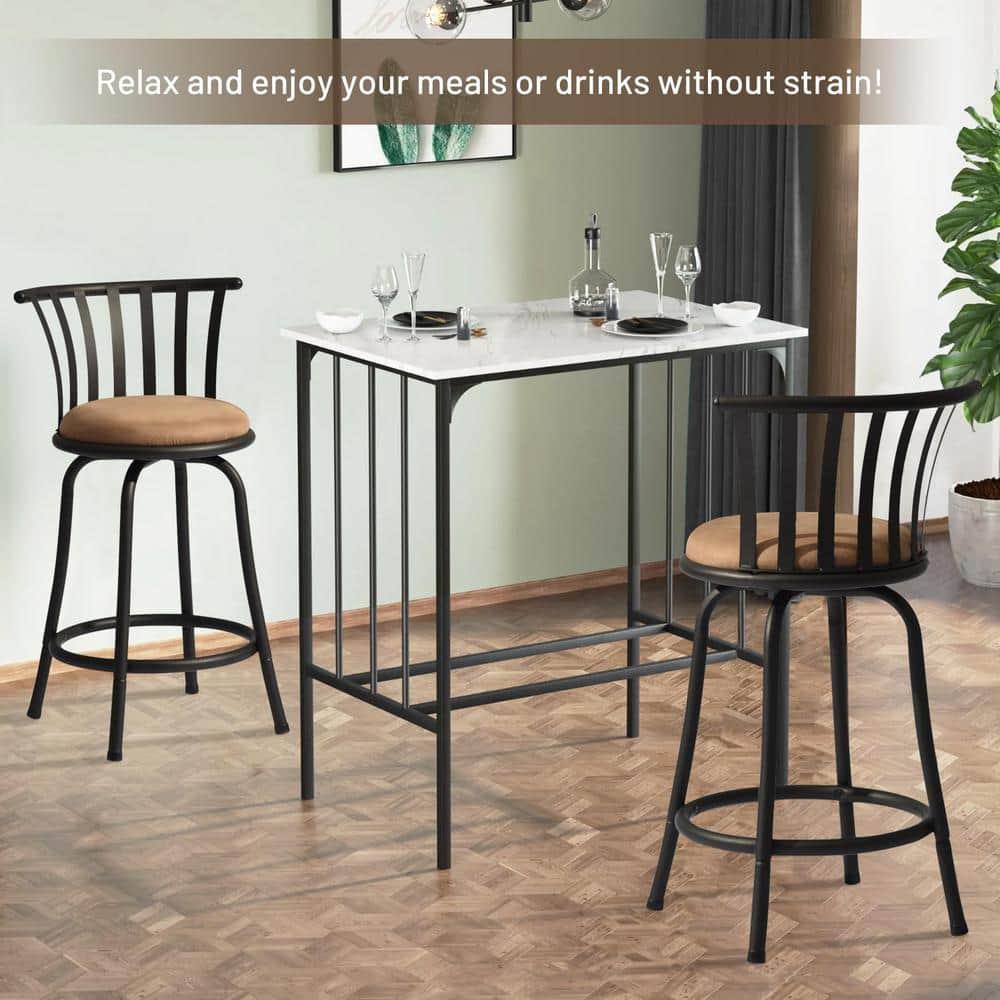 FurnitureR Brown Velvet 24'' Counter Stool Swivel High Back Barstools(Set of 2)