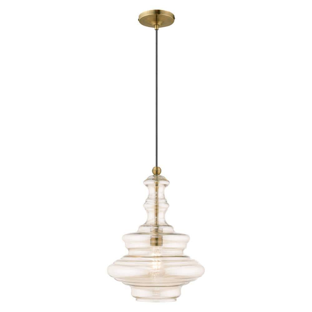 Livex Lighting Art Glass 1 - Light Pendant in  Antique Brass