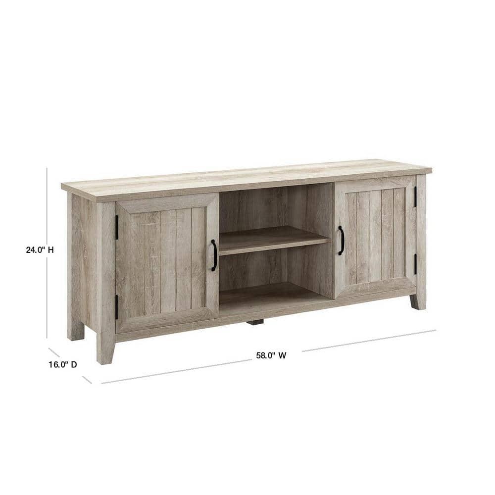 Transitional Grooved-Door 58" White Oak TV Stand with Cabinet