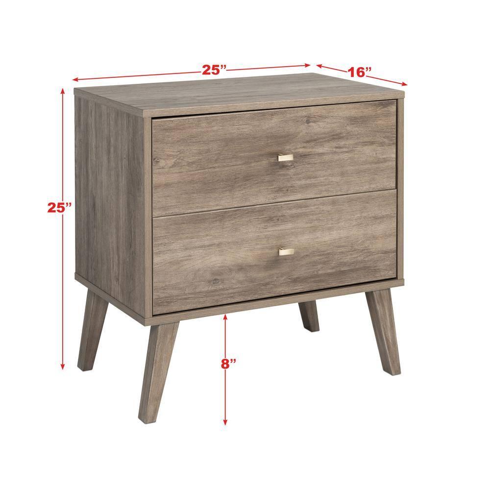 Prepac Mid Century Modern 2 Drawer Wide Nightstand Drifted Gray : Rubberwood Construction, Rectangle Shape, 25" Height