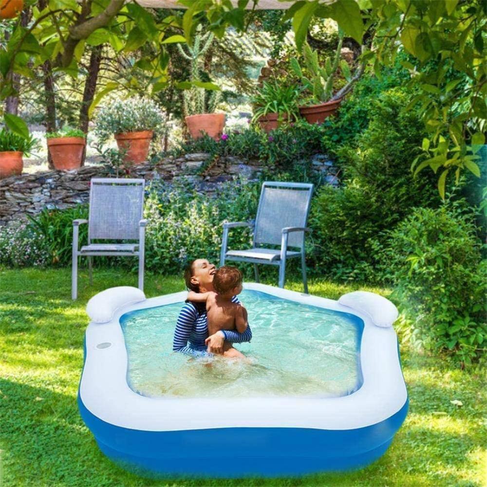 84 in. L x 82 in. W x 27 in. H Blue 2-Seat Rectangle Inflatable Pool Family Paddling Pool with Headrest Cup Holder