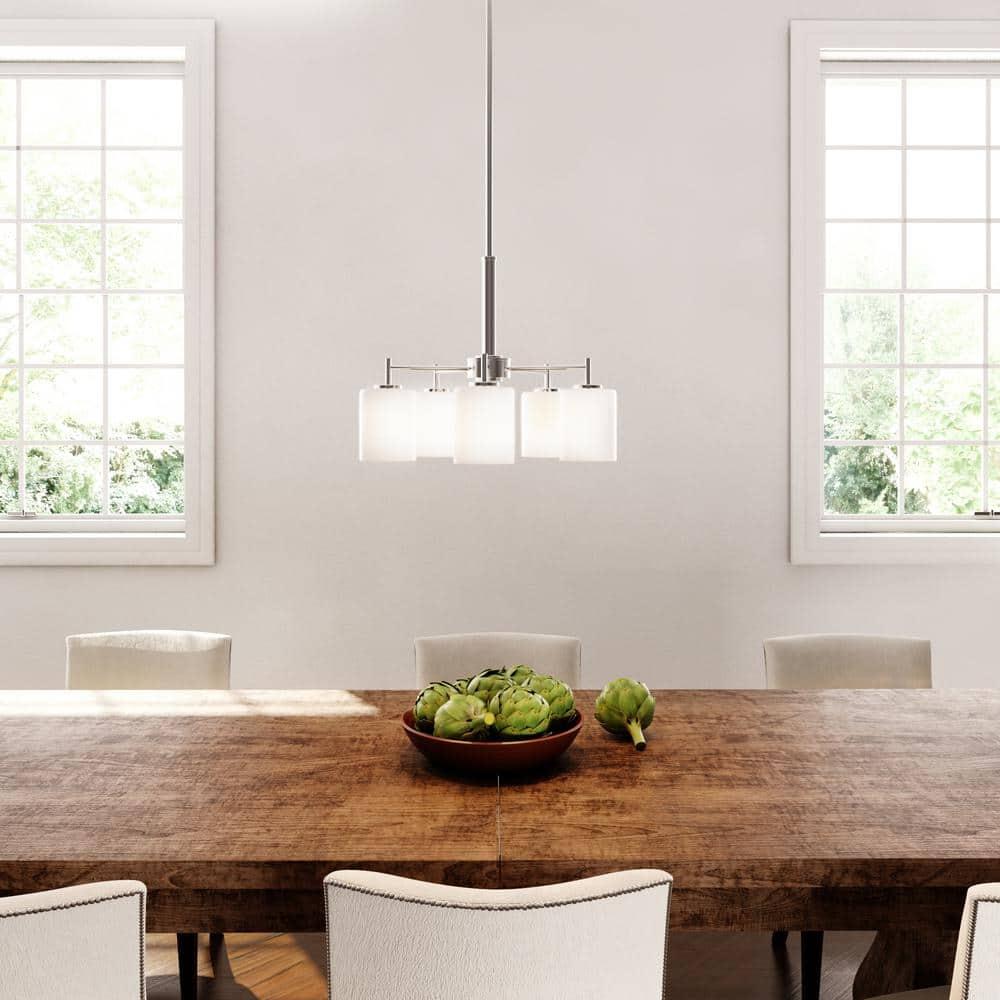 Progress Lighting Replay 5-Light Chandelier, Steel, Polished Nickel, White Glass Shades