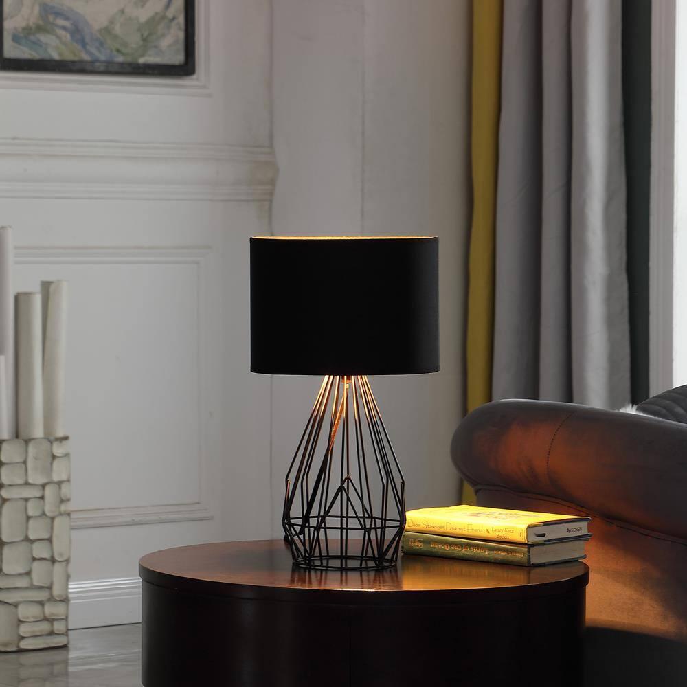 17.5" Industrial Farm Metal Cage Table Lamp Black - Ore International: Modern Accent, Linen Shade, UL Listed