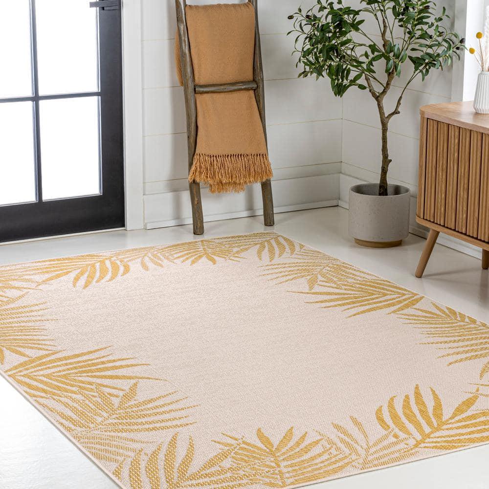 JONATHAN Y Isla Coastal Cottage Palm Frond Border Yellow/Cream 3 ft. x 5 ft. Indoor/Outdoor Area Rug