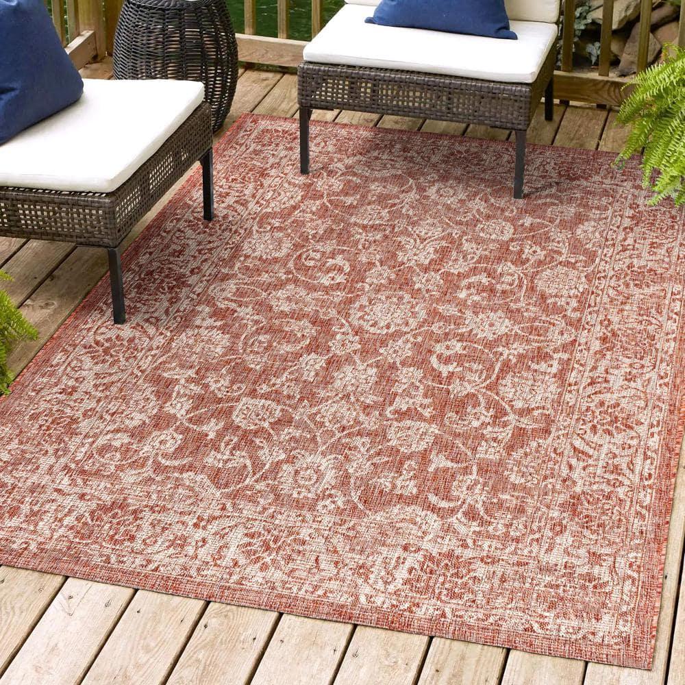 8'x10' Tela Bohemian Textured Weave Floral Indoor/Outdoor Area Rug, Red/Taupe - JONATHAN Y