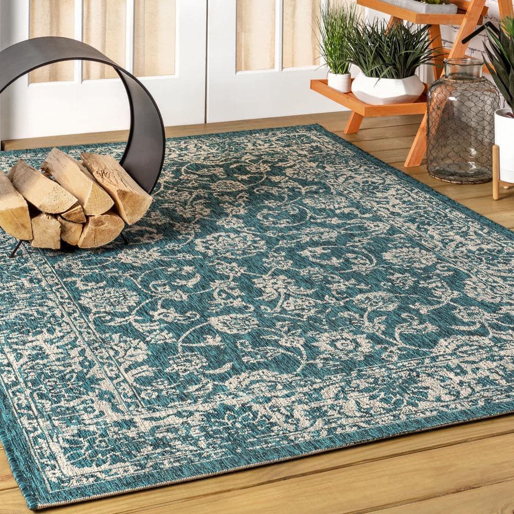 4'x6' Tela Bohemian Textured Weave Floral Indoor/Outdoor Area Rug, Teal/Gray - JONATHAN Y