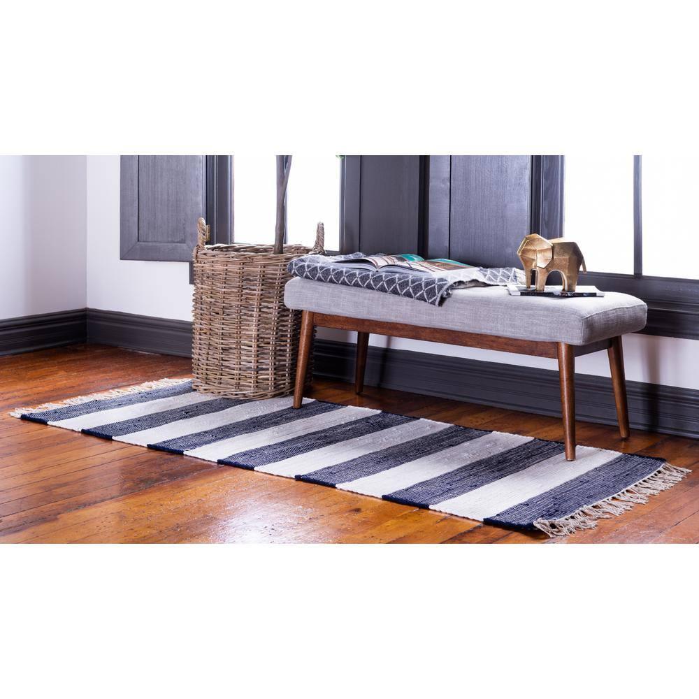 Unique Loom Chindi Rag Collection Area Rug - Striped (2' 7" x 6' 1" Runner Navy Blue/Ivory)
