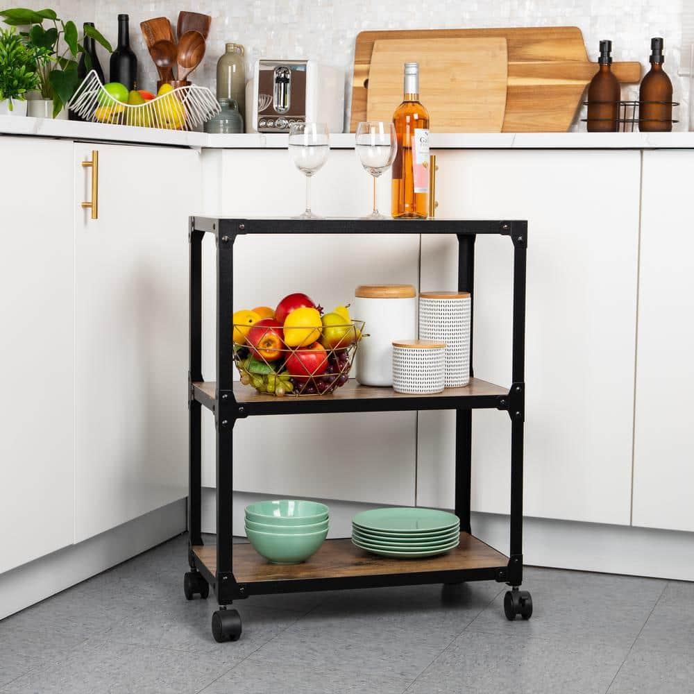 Mind Reader 3-Tier Rolling Bar Cart, Microwave Stand, Wood Metal, 29.5"H, Brown