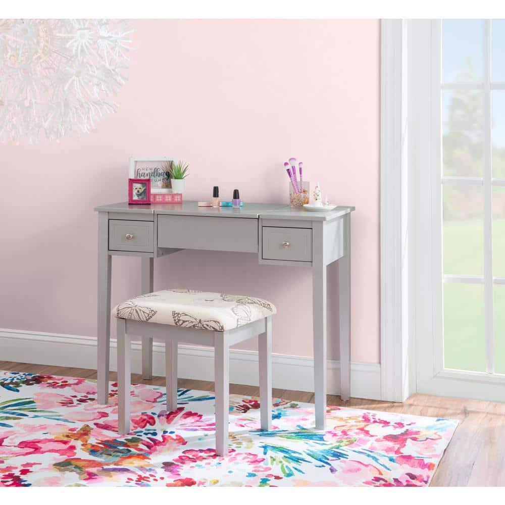 Traditional Wood Flip Up Mirror Drop Drawer Butterfly Vanity and Stool Silver - Linon