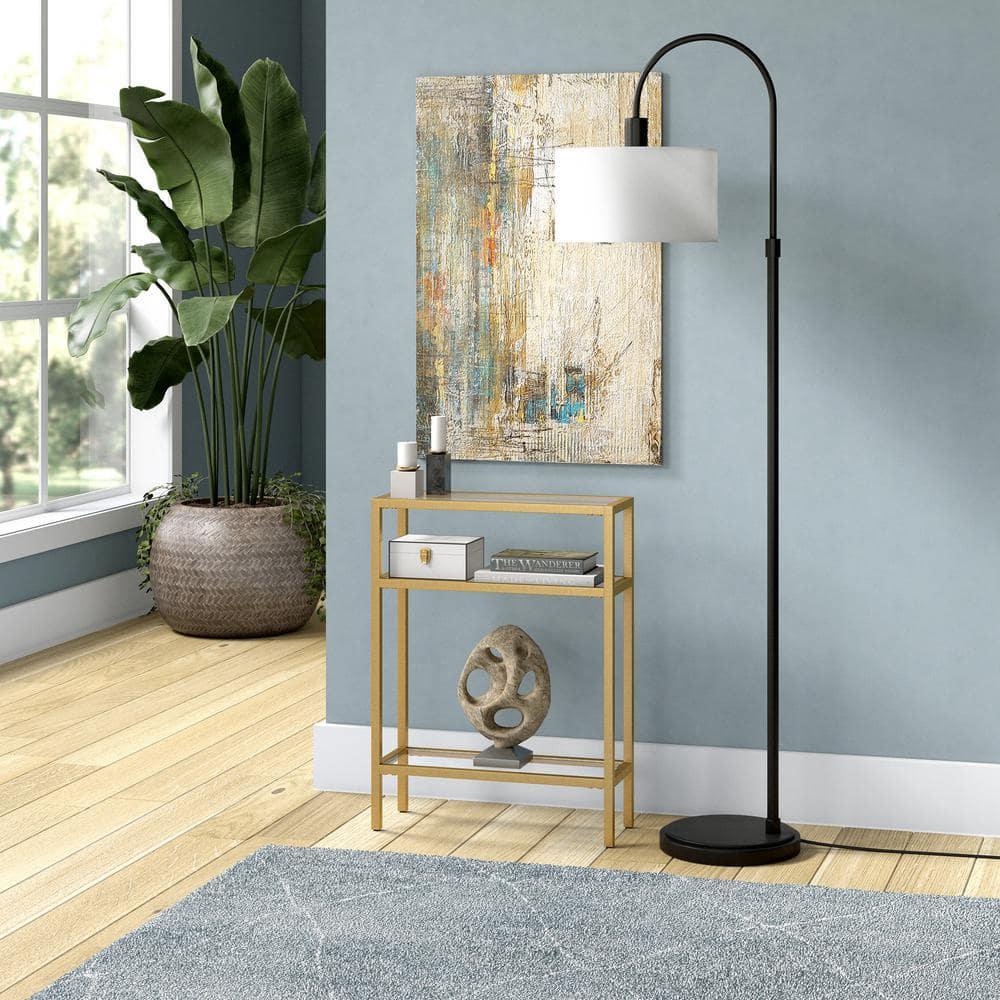 Compact Modern Industrial Brass & Glass Console Table with Storage