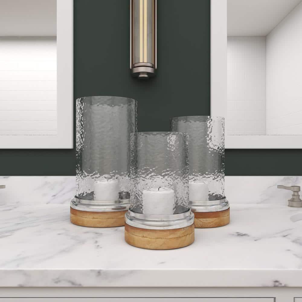 Set of 3 Mango Wood and Aluminum Candle Holders - Olivia & May