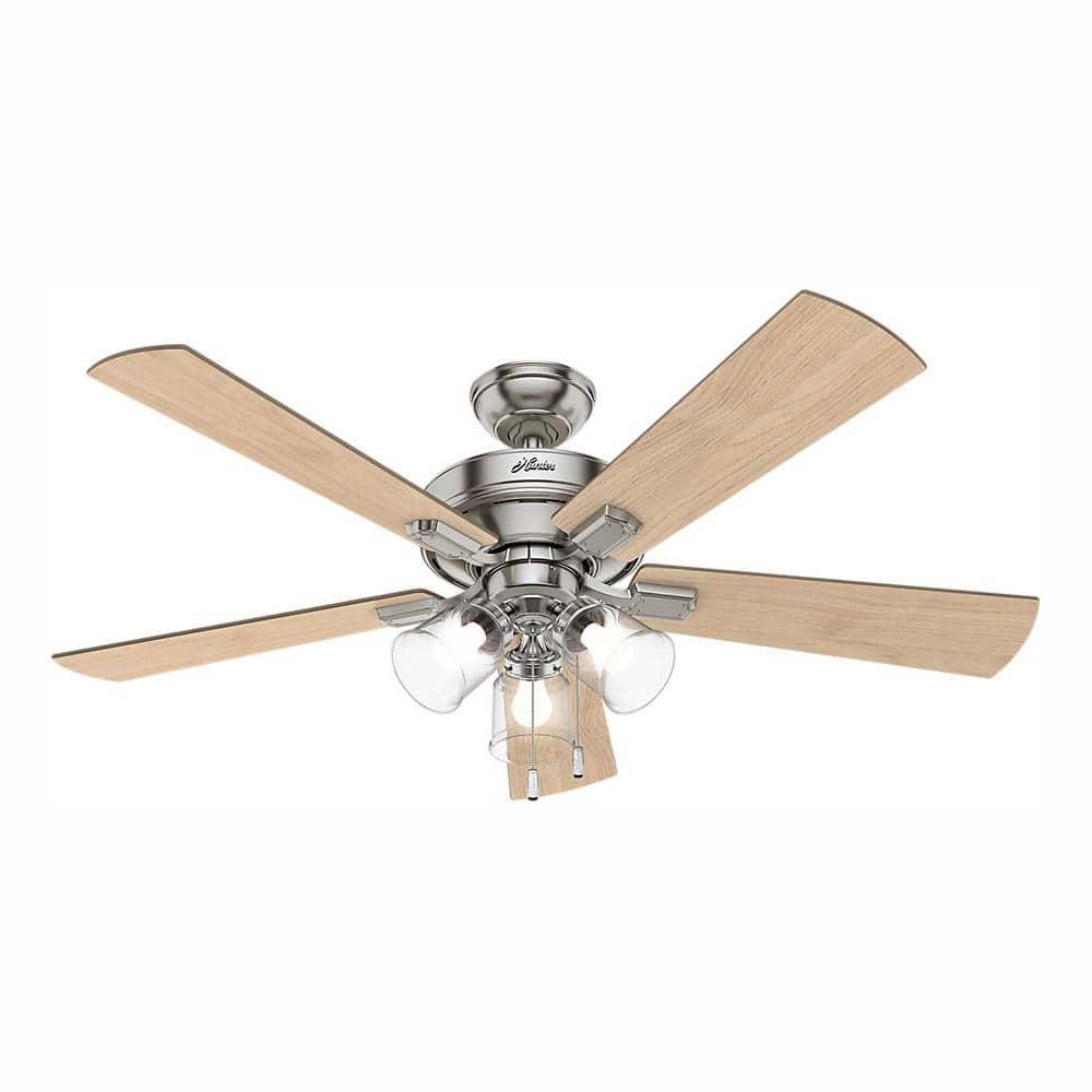 Hunter Fan 52" Crestfield Ceiling Fan (Includes LED Light Bulb) Nickel: 5-Blade, 3-Speed, Reversible Motor, Glass Shades