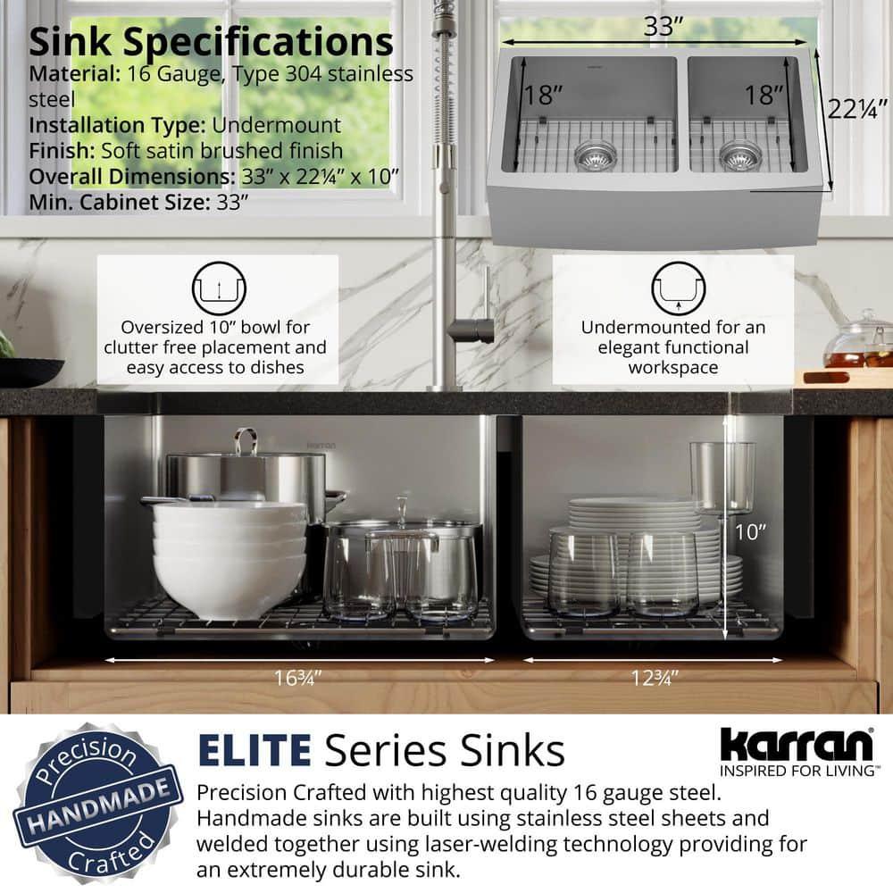 Karran 16-Gauge Stainless Steel 33'' X 22-1/4'' 60/40 Double Bowl Farmhouse Apron Front Sink Kit