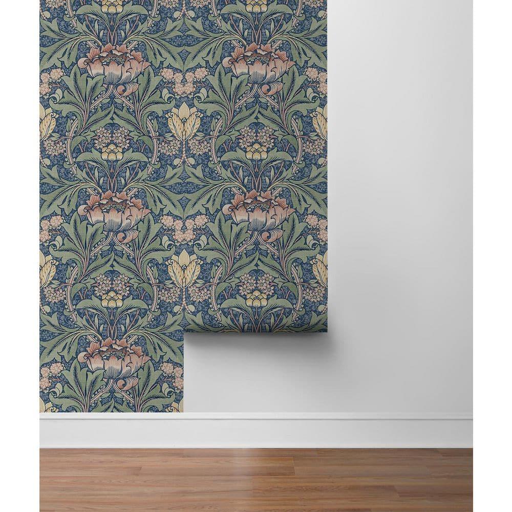 Seabrook Designs  Acanthus Floral Prepasted Wallpaper 20.5 in. W x 33 ft. L - Denim Blue & Salmon