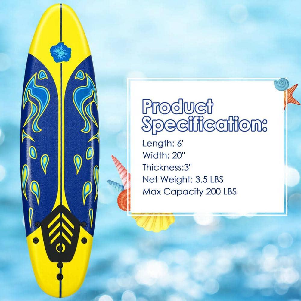 Costway 6' Surfboard Foamie Body Surfing Board W/3  Fins & Leash for Kids Adults Yellow