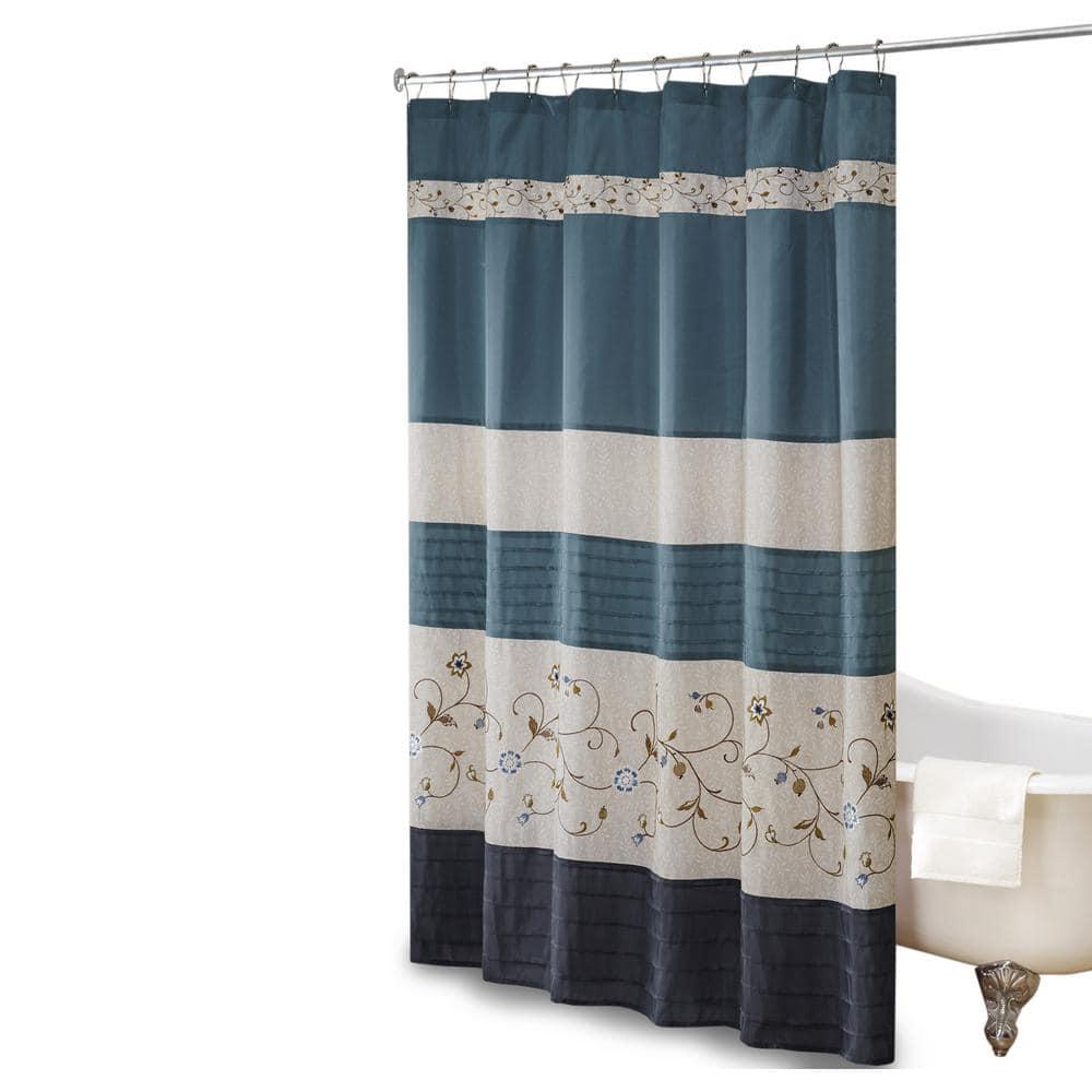 Monroe Embroidered Floral Shower Curtain Navy - Madison Park: 100% Polyester, Faux Silk, Machine Washable