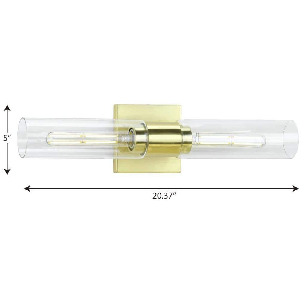 Progress Lighting Clarion 2-Light Brushed Nickel Glass Modern Bath Vanity Light, Satin Brass, Cylindrical Shade
