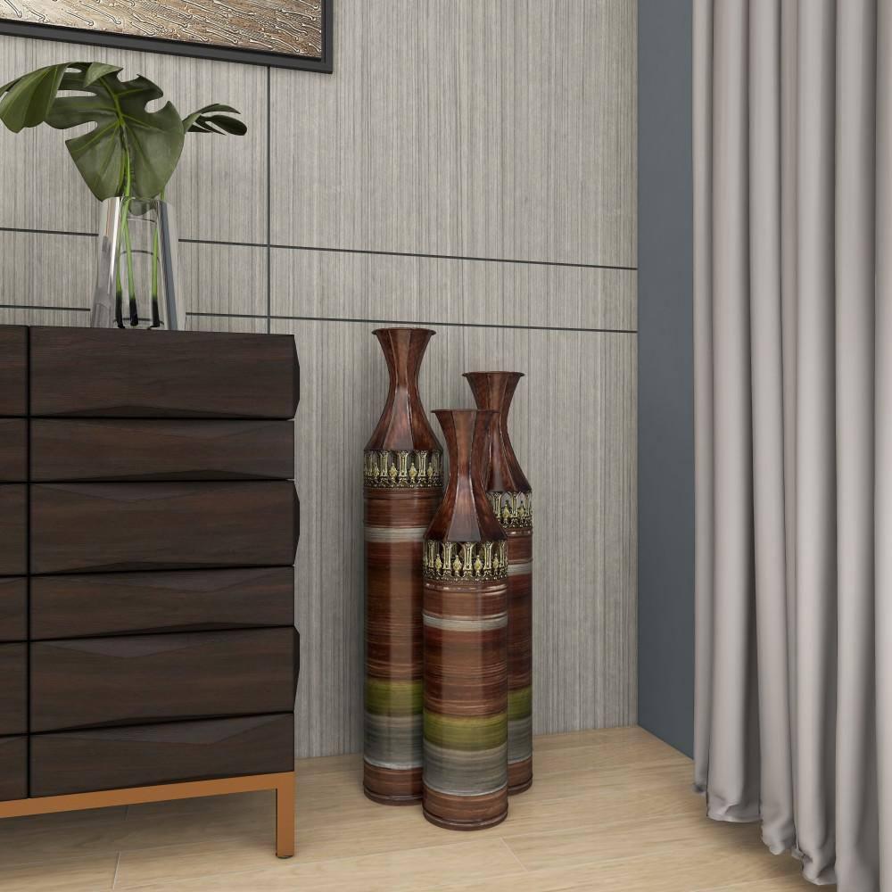 DecMode 34", 31", 28"H Tall Ombre Bronze Metal Vase with Laser Cut Antefix Design, Set of 3