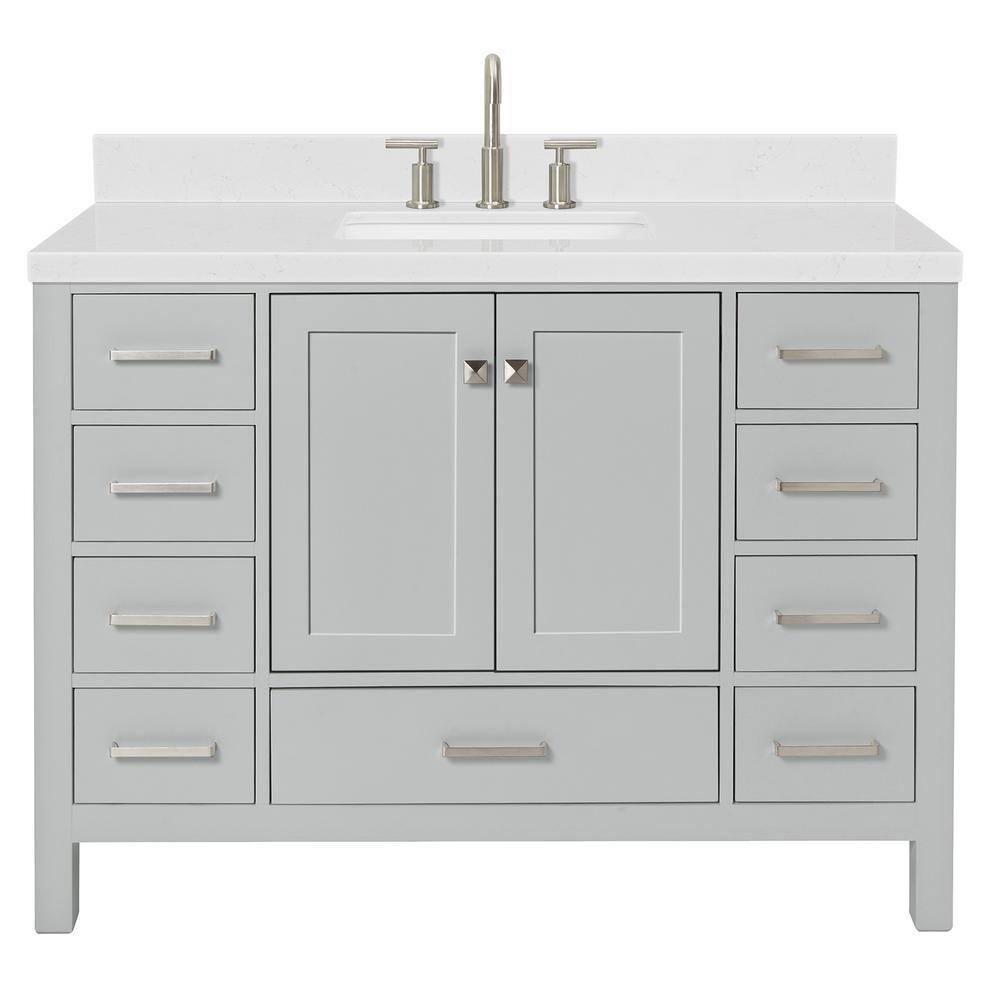 ARIEL 48" Grey Bathroom Vanity Base Cabinet, Single Sink Configuration, 2 Soft Closing Doors, 9 Full Extension Dovetail Drawers, Brushed Nickel