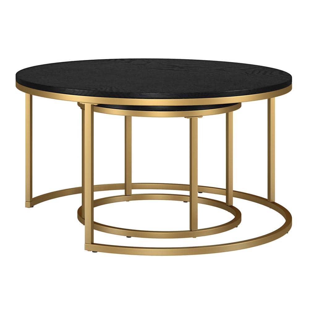 Evelyn&Zoe Watson Round Nested Coffee Table with MDF Top, Gold/Black Grain