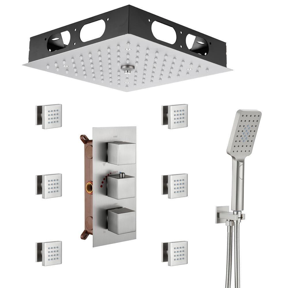 12" Flush Mounted Luxury Thermostatic Rainfall Shower System with LED and 6 Body Jets