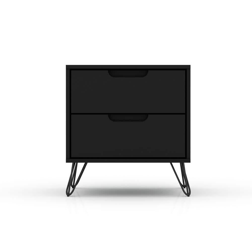 Set of 2 Rockefeller 2 Drawer Nightstands Black - Manhattan Comfort: Modern Bedside Storage Furniture