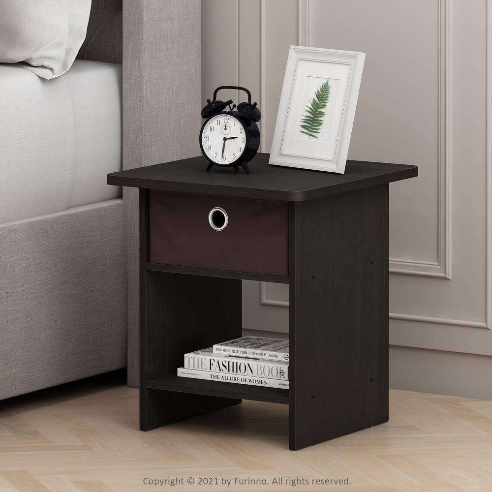 Furinno 10004 End Table / Nightstand Storage Shelf with Bin Drawer, Dark Espresso/Brown
