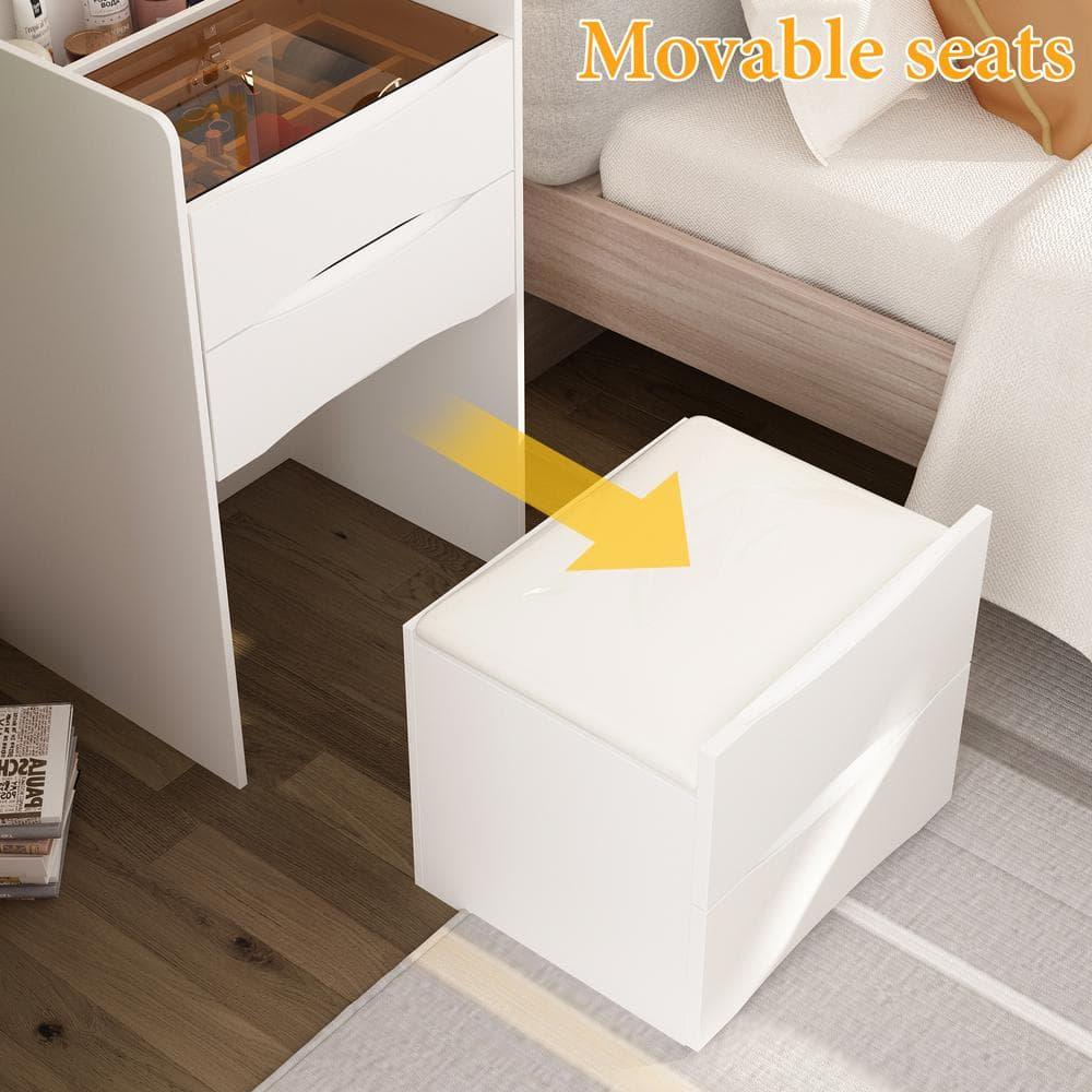 Joqixon Vanity Desk with Flip Top Mirror and Lights, Makeup Vanity Set with Glass Shelf, Space Saving Dressing Table with 3 Drawers & Cushion Stool for Bedroom, White