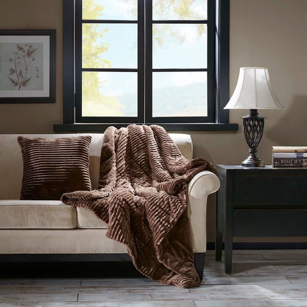 60"x70" Oversized Williams Plush Down Alternative Throw Blanket Brown - Madison Park: Ultra-Soft, Quilted, Machine Washable