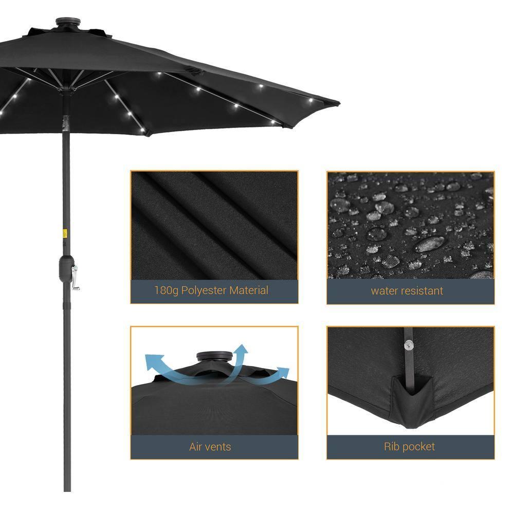 9 ft. Solar Lighted LED Outdoor Patio Market Table Umbrella in Black, UV-Resistant Canopy and Tilt Button