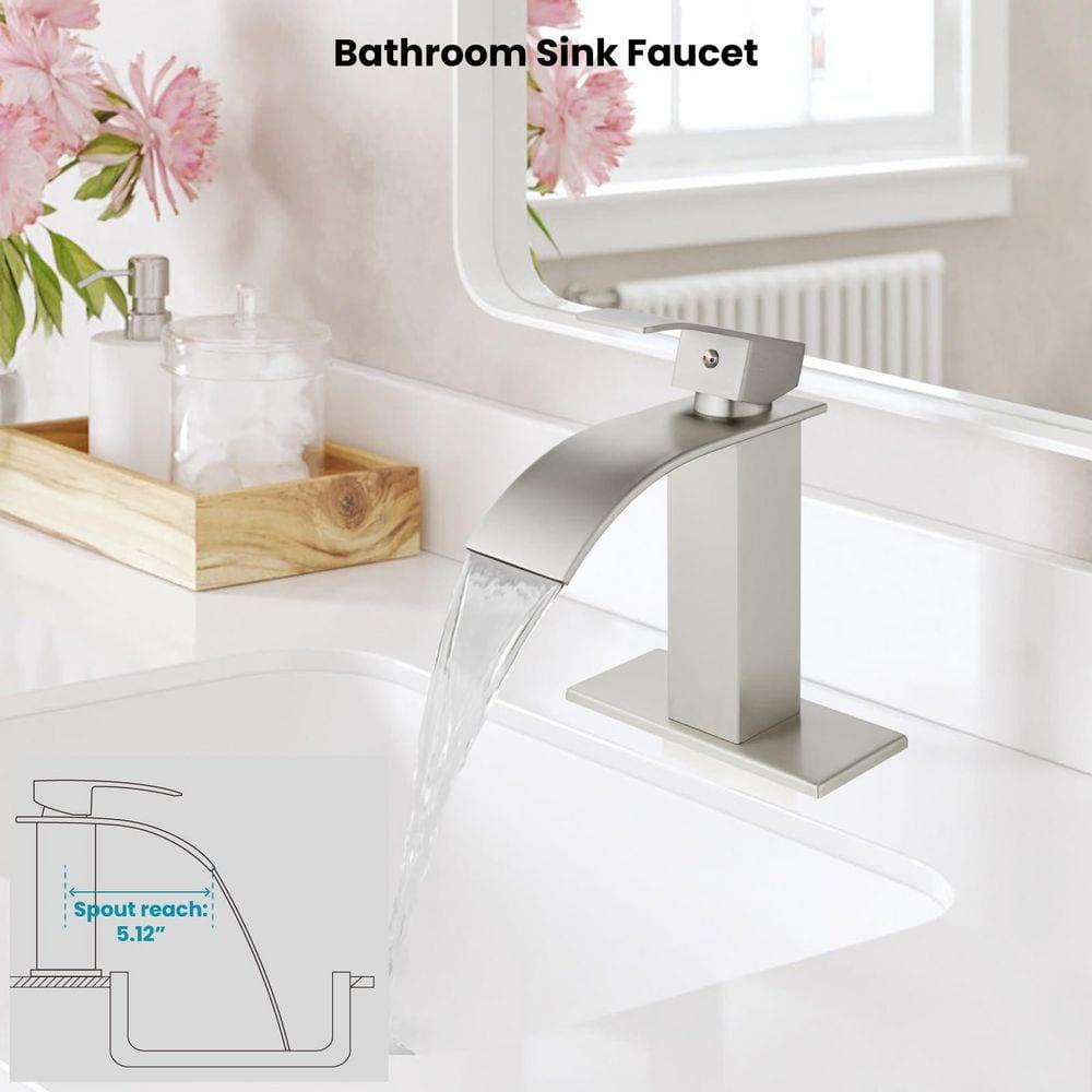 Waterfall Single Handle Bathroom Vanity Sink Faucet with Metal Pop-up Drain, Brushed Nickel Finish