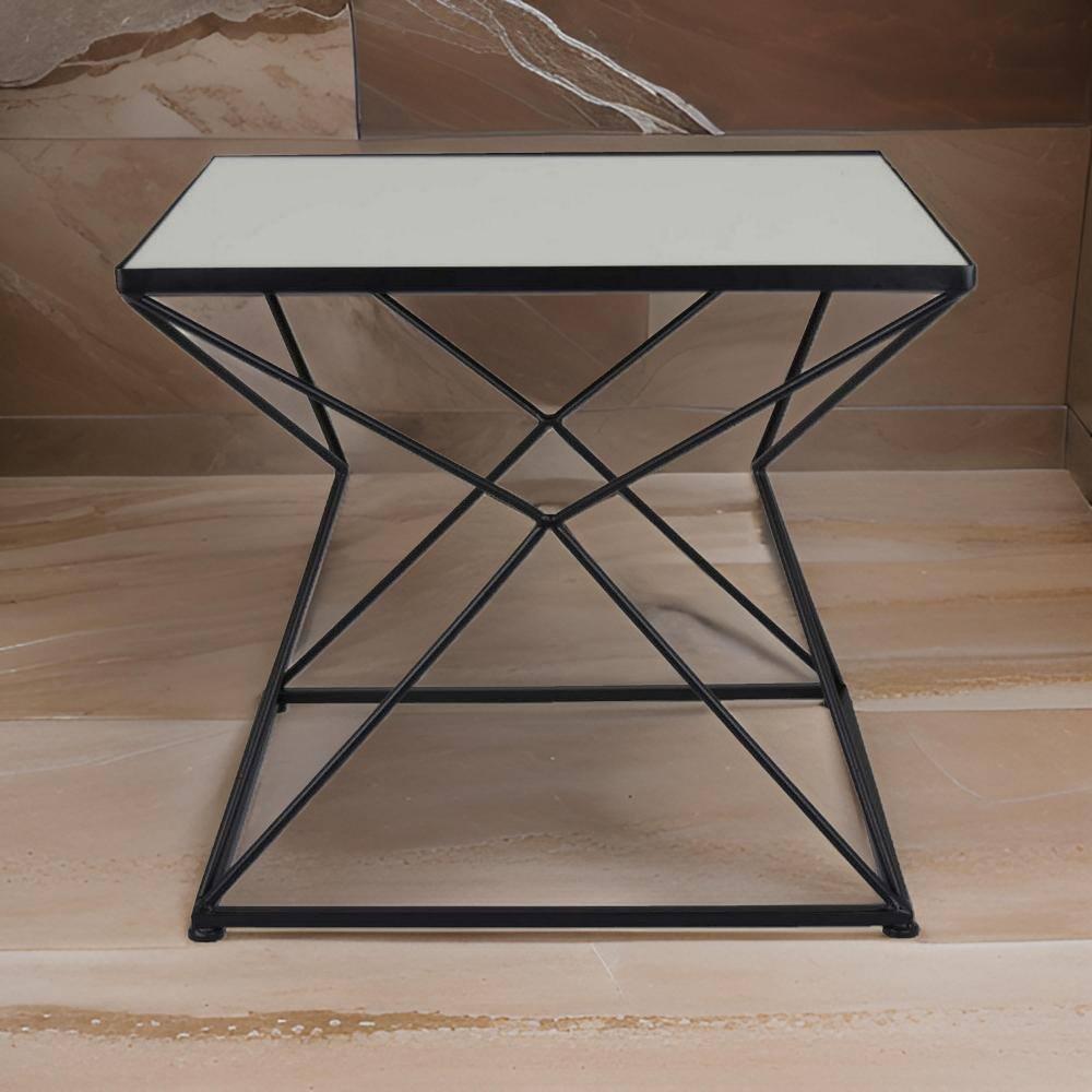 BenJara 21 Inch Plant Stand Side Table, Mirror Top, Black Geometric Metal Frame