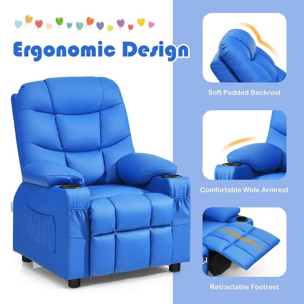 Costway Kids Youth Recliner Chair PU Leather w/Cup Holders & Side Pockets Blue