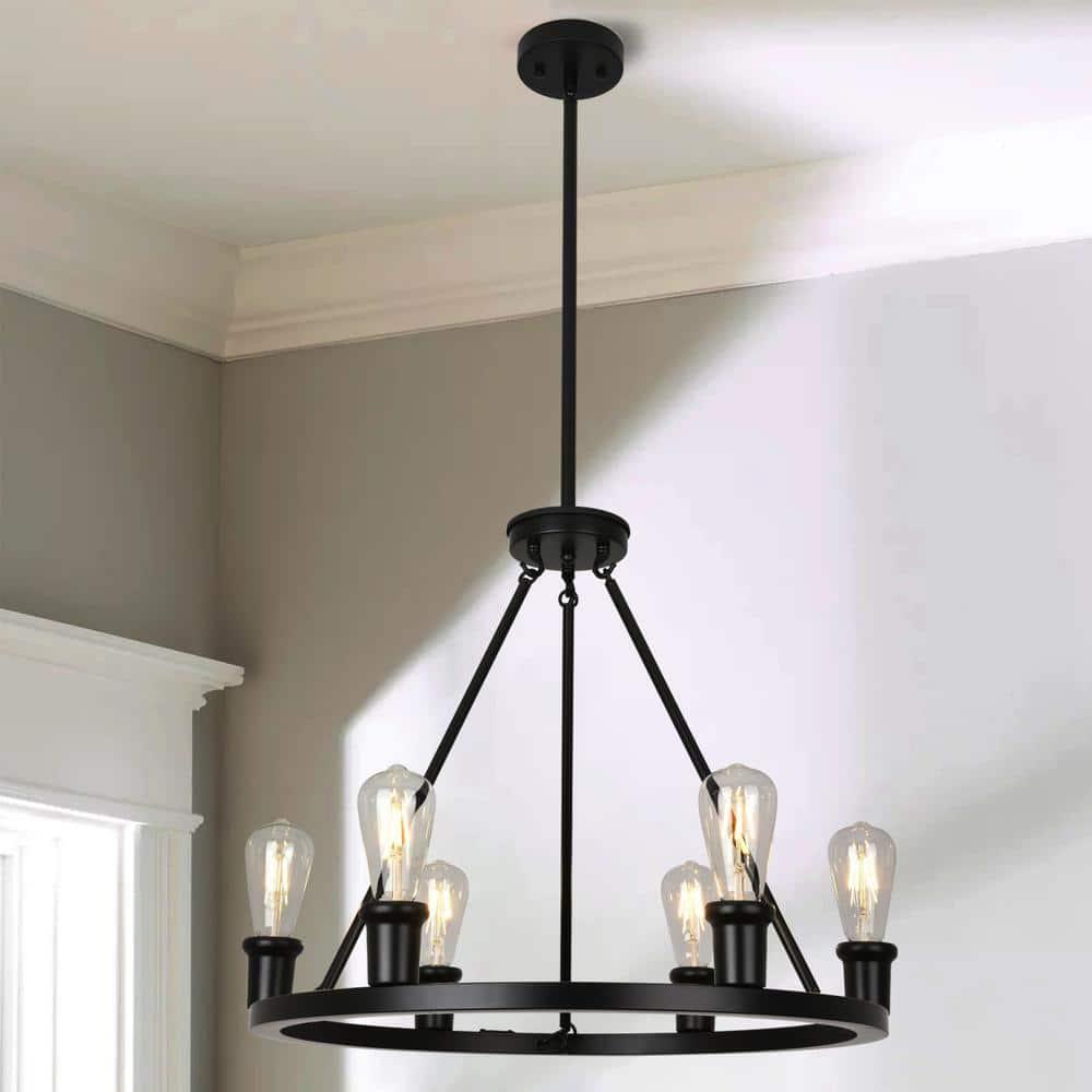 Farmhouse 6 Lights Black Wagon Wheel Chandelier,Modern Vintage Round Pendant Light Fixture for Dining Room,Living Room, Entryway Foyer Kitchen Island, E26