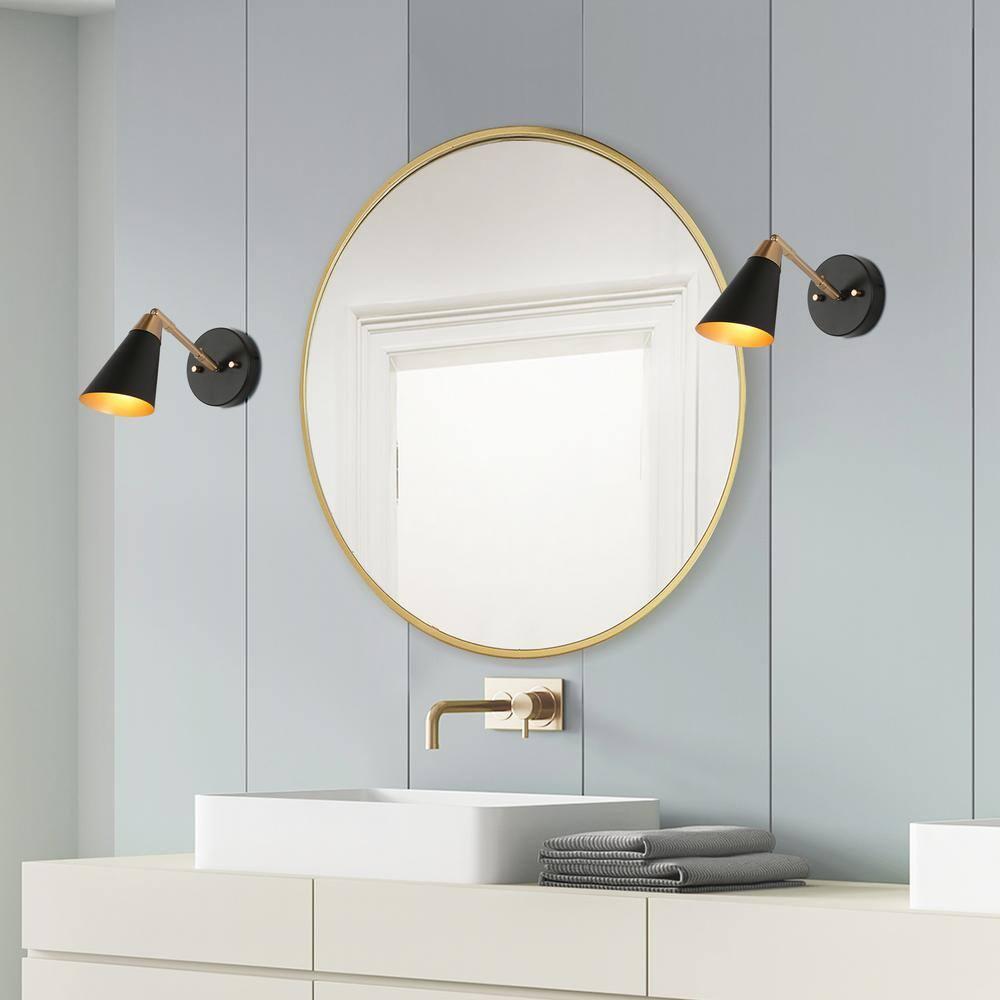 Flumie 1-Light Industrial Black Indoor Wall Sconce Modern Brass Vanity Light Adjustable Head with Cone Metal Shade