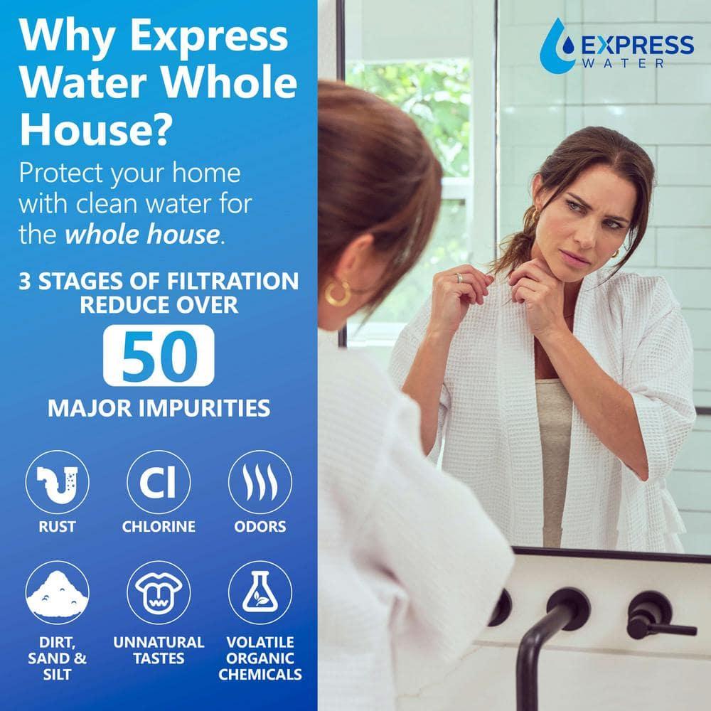 Express Water Whole House Water Filter – 3 Stage Home Water Filtration System – Sediment, Charcoal, Carbon Filters – includes Pressure Gauges, Easy Release, and 1” Inch Connections
