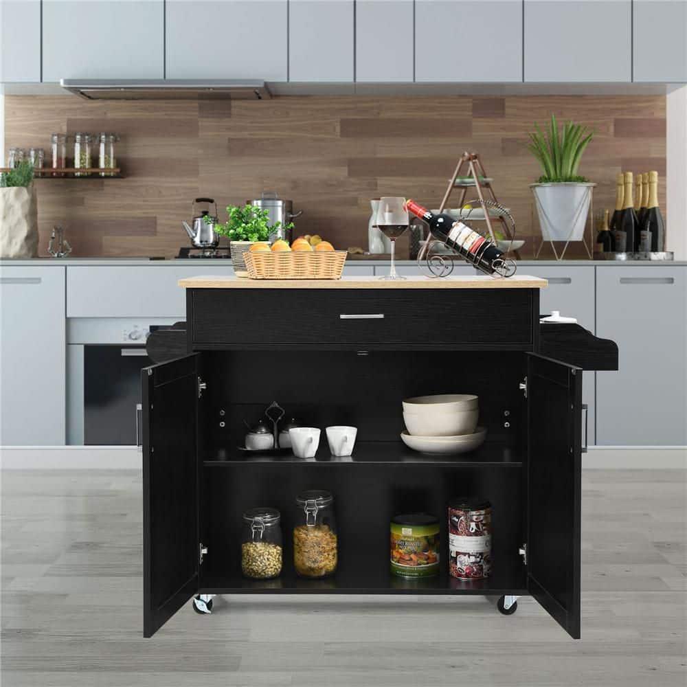 Black Fir Wood Rolling Kitchen Cart with Spice Rack and Storage