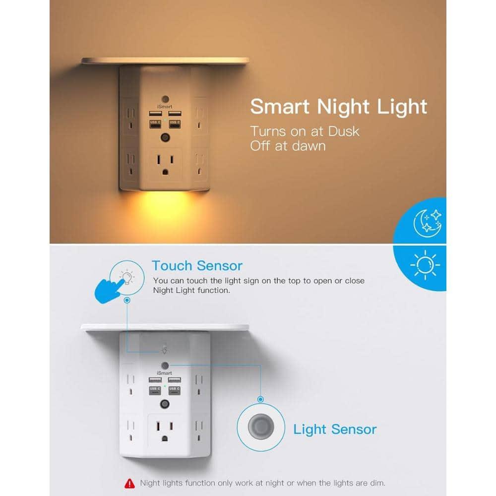 Multi Plug Outlets, Wall Outlet Extender with Night Light and Outlet Shelf, Surge Protector 4 USB Ports(1 USB C), USB Wall Charger Power Strip Electric Outlet Splitter for Home Office White