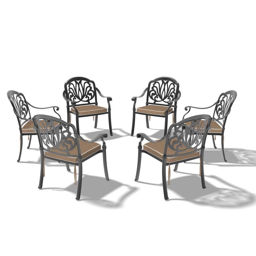 Hzzkey Outdoor Aluminum Dining Arm Chairs - Set of 6, Black, Random Color Cushions