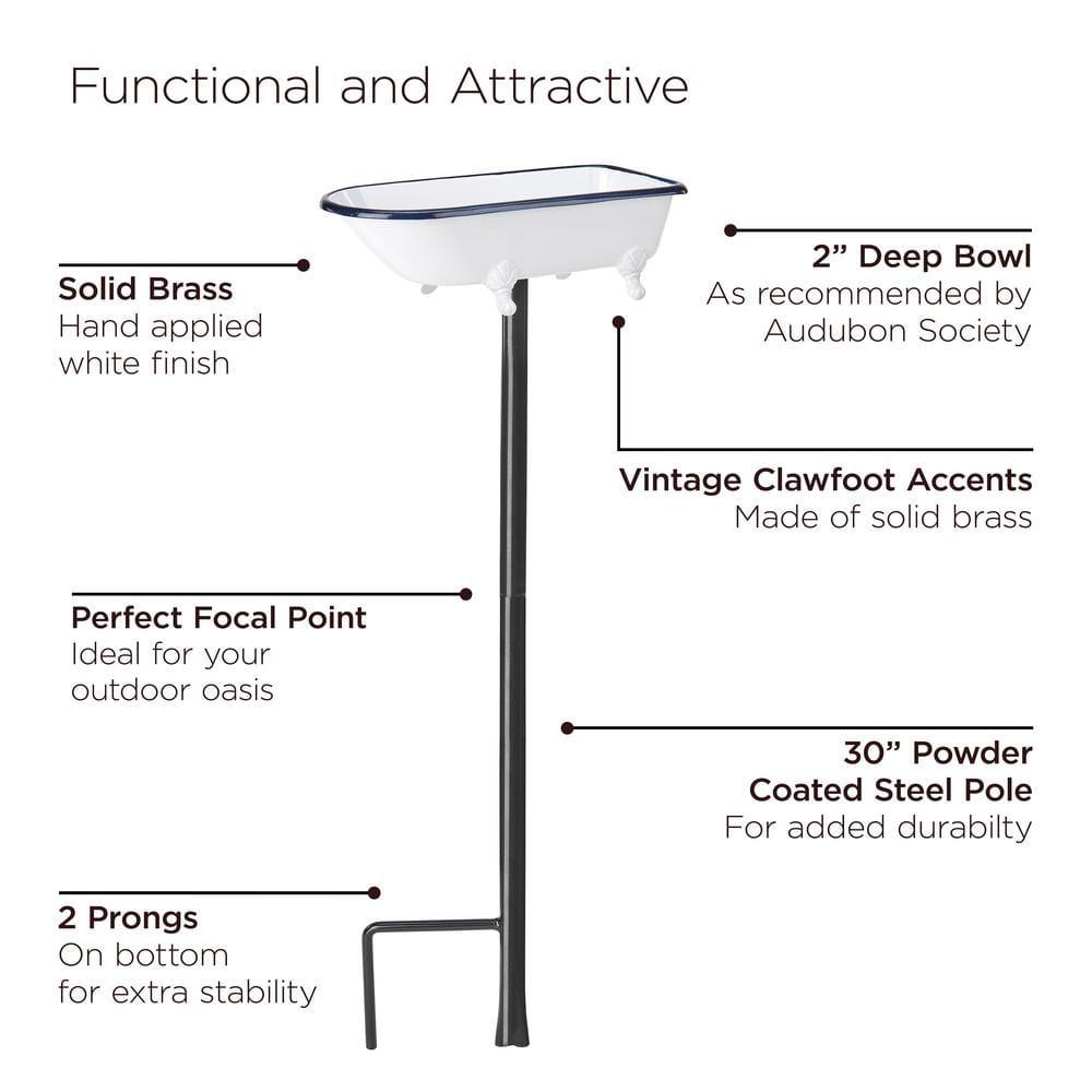 Brass Bird Bath Tub, White Finish, Featuring Clawfoot Bathtub Design, Bird Feeder, Includes Garden Pole by Good Directions