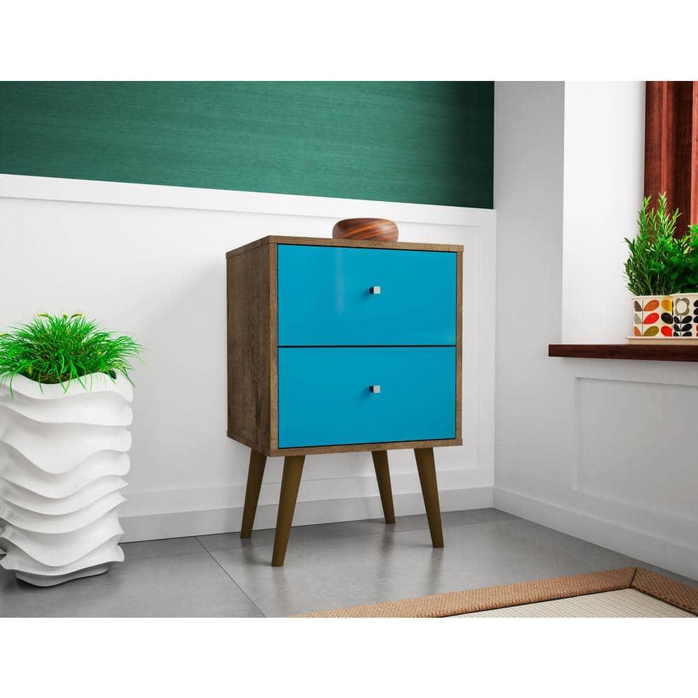 Liberty 2.0 Mid Century Modern Nightstand Rustic Brown/Aqua Blue - Manhattan Comfort
