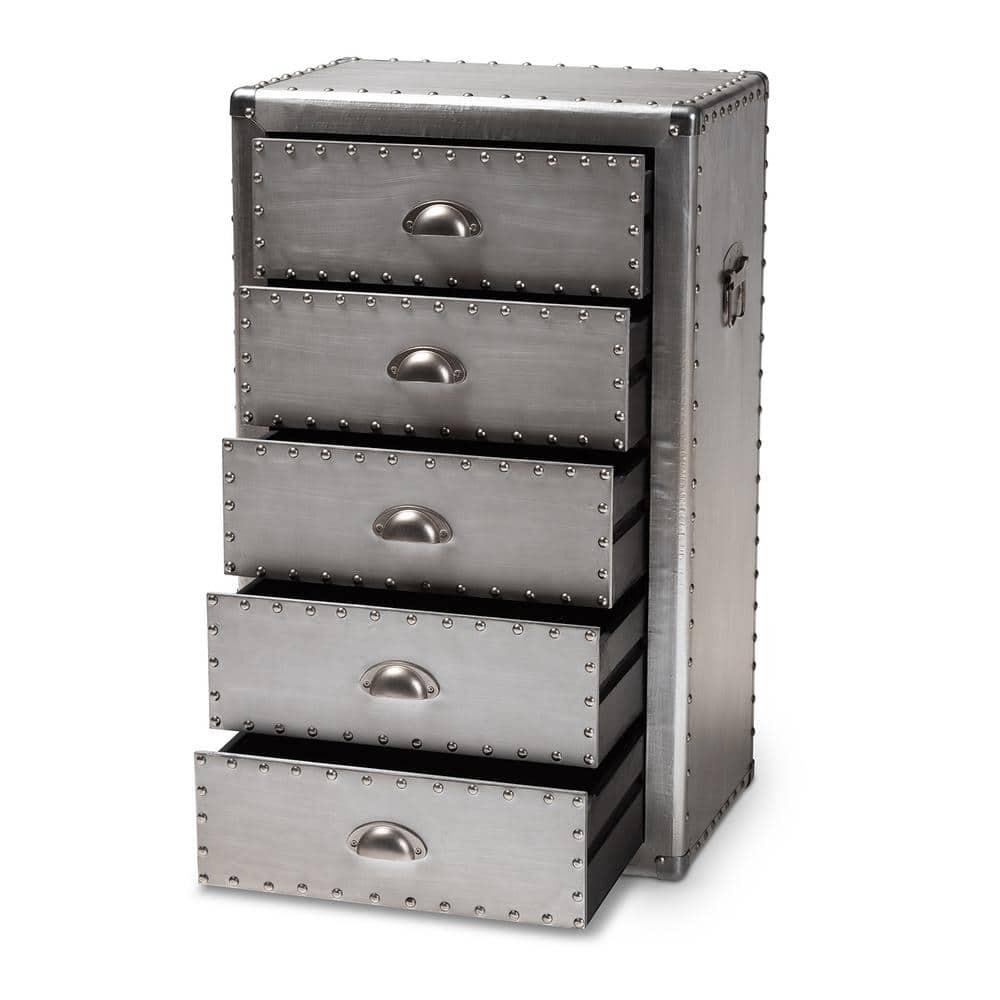 5 Drawer Davet Metal Accent Chest Silver - Baxton Studio: French Industrial Style, Fully Assembled