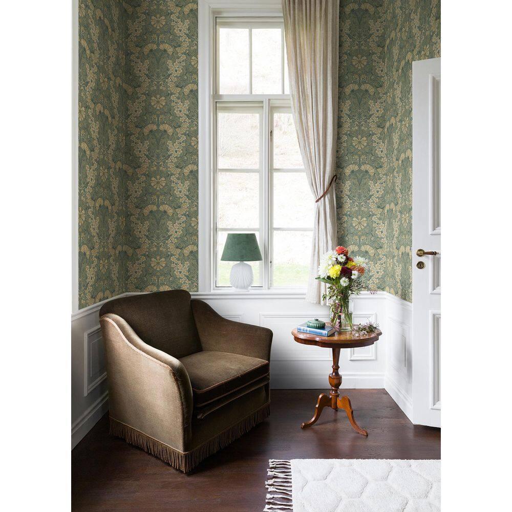Ojvind Blue Sea Green Floral Ogee Paper Matte Non-Pasted Wallpaper Roll