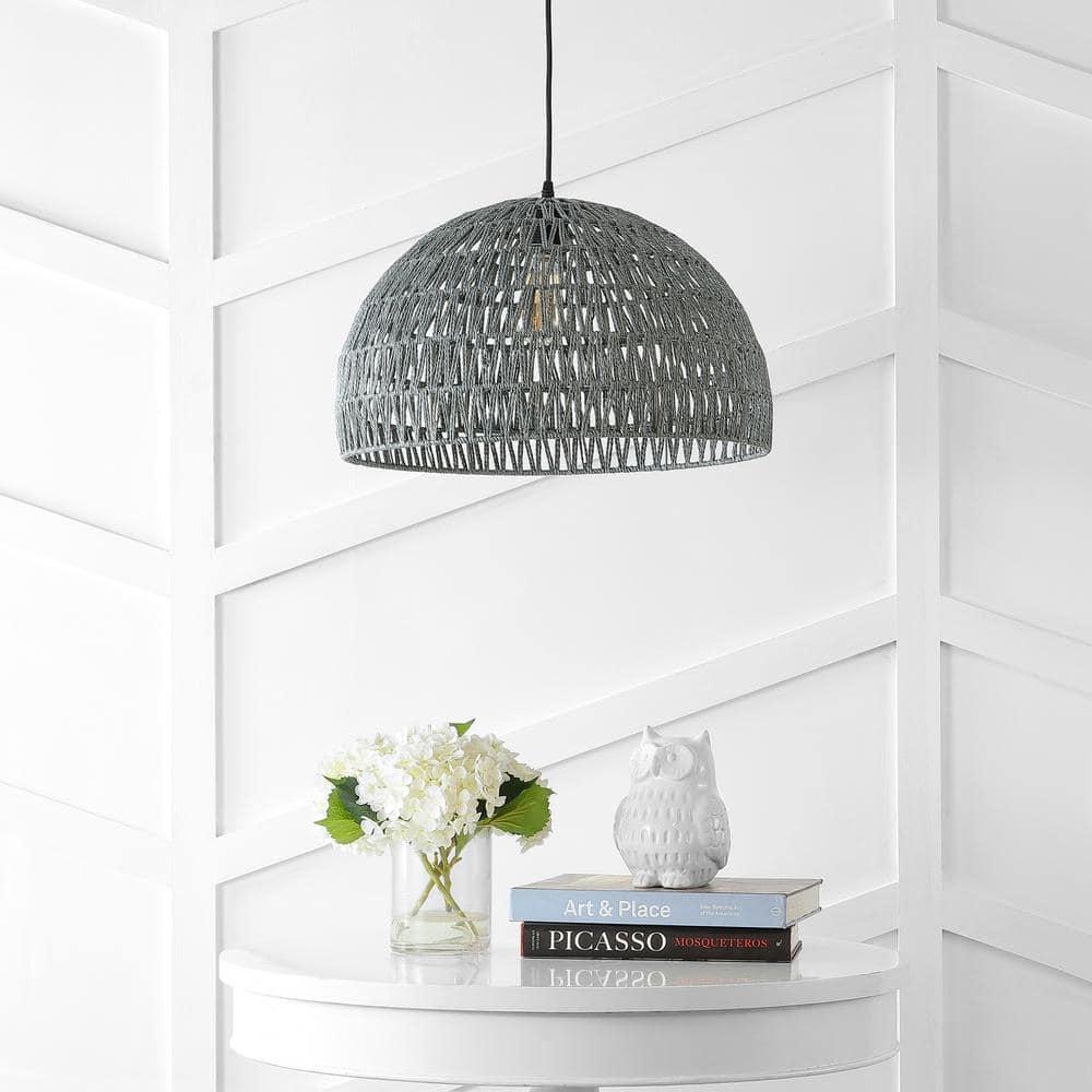 Campana 20" 1-Light Bohemian Modern Woven Rope/Iron LED Pendant, Grey/Black