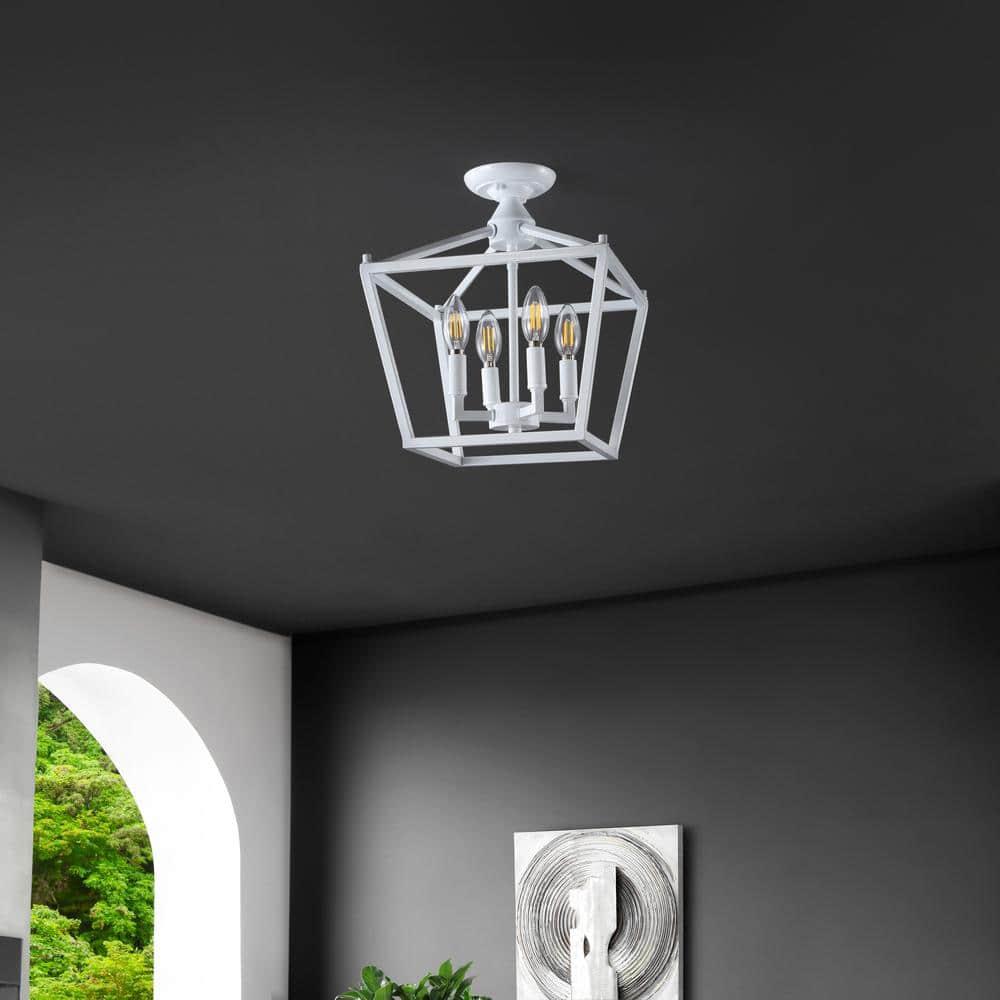 Plains Mini Lantern 12 in. 4-Light Iron Modern Farmhouse LED Flush Mount, White